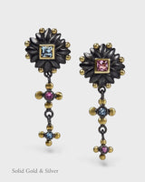 Bella Sun Of Lotus - Asymmetrical Earrings - 18ct Solid Gold & Black Silver - Pink Sapphires & Aquamarines