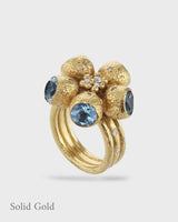 Goddess Ophelia Gumnut Flower Ring - Blue Topaz & Diamonds - Solid Gold