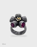 Ophelia Gumnut Flower Ring - Rhodolite Garnet - Black & Gold Vermeil