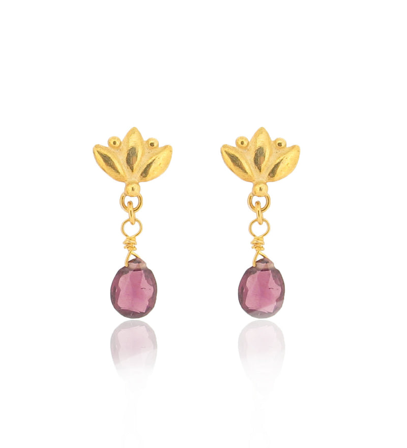 Small Lotus Drop Earrings - Rhodolite Garnet - Gold