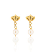 Small Lotus Drop Earrings - Pearl - Gold