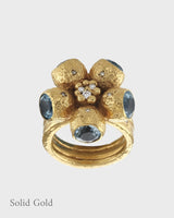 Goddess Ophelia Gumnut Flower Ring -  Blue Topaz & Diamonds - Solid Gold