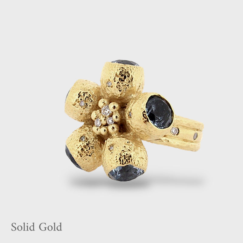 Goddess Ophelia Gumnut Flower Ring -  Blue Topaz & Diamonds - Solid Gold