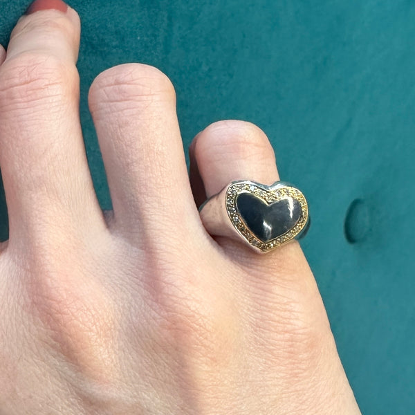 Harmony Sculptural Heart Signet Ring - Pavé Diamond - Black & Gold