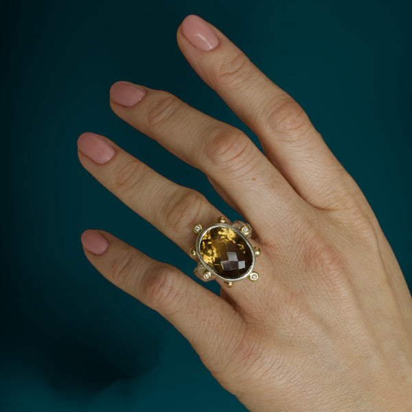 Lucy IV Cocktail Ring - Cognac Quartz - 18ct Solid Gold, Silver & Diamonds