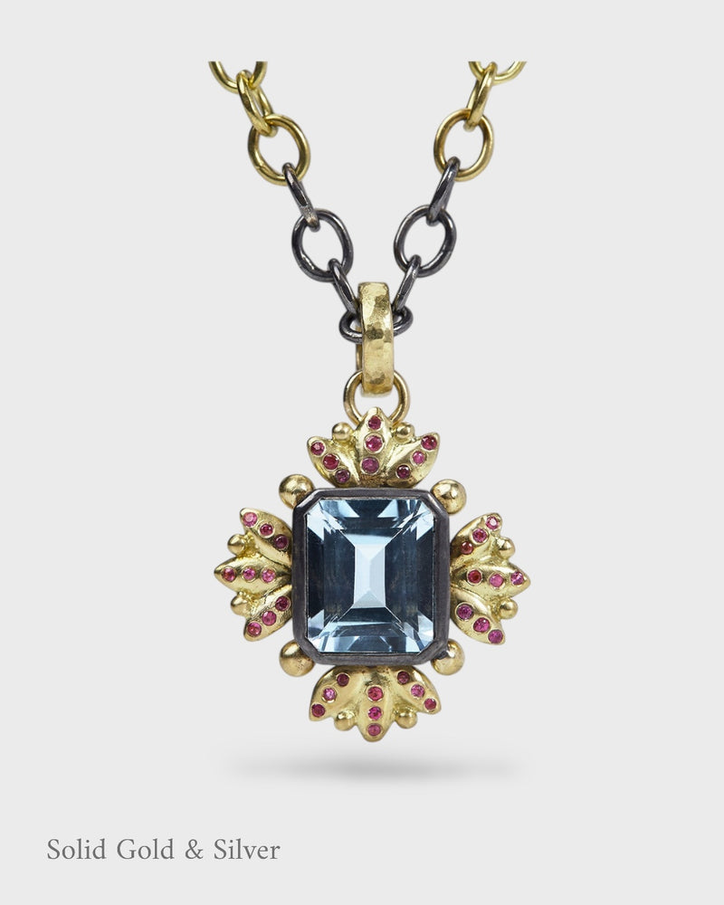 Antoinette Regal Pendant - 18ct Solid Gold & Black Silver - Aquamarine & Pink Sapphires