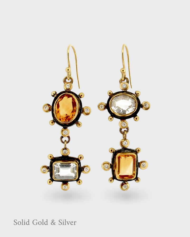 Arianna Earrings - 18ct Solid Gold & Black Silver - Topazes & Diamonds