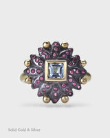 Bella Sun Of Lotus Ring  - 18ct Solid Gold & Black Silver - Pink Sapphires & Aquamarines