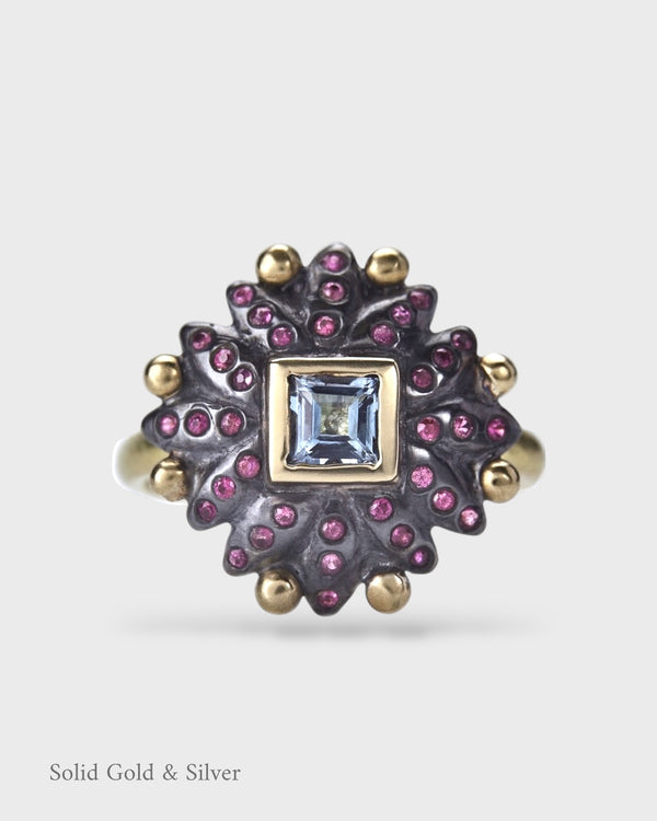 Bella Sun Of Lotus Ring  - 18ct Solid Gold & Black Silver - Pink Sapphires & Aquamarines