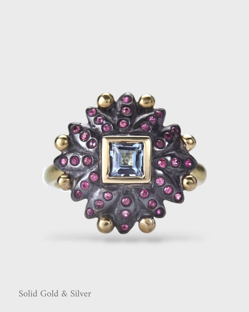 Bella Sun Of Lotus Ring  - 18ct Solid Gold & Black Silver - Pink Sapphires & Aquamarines