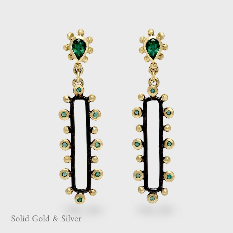 Gaea Earrings - Emeralds - 18ct Solid Gold & Black Silver - Simonetta's Jewels Reimagined