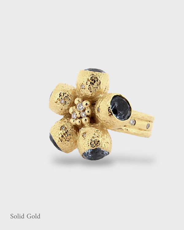 Goddess Ophelia Gumnut Flower Ring -  Blue Topaz & Diamonds - Solid Gold