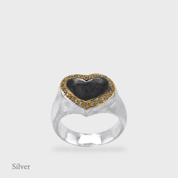 Harmony Sculptural Heart Signet Ring - Pavé Diamond - Black & Gold Vermeil