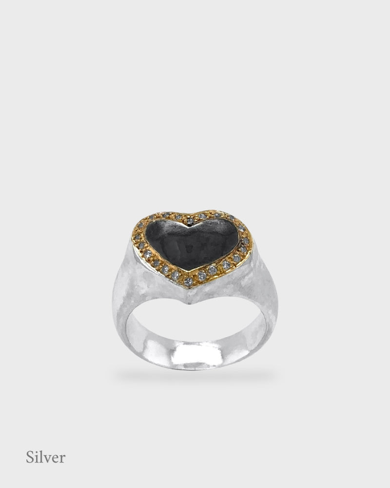 Harmony Sculptural Heart Signet Ring - Pavé Diamond - Black & Gold Vermeil