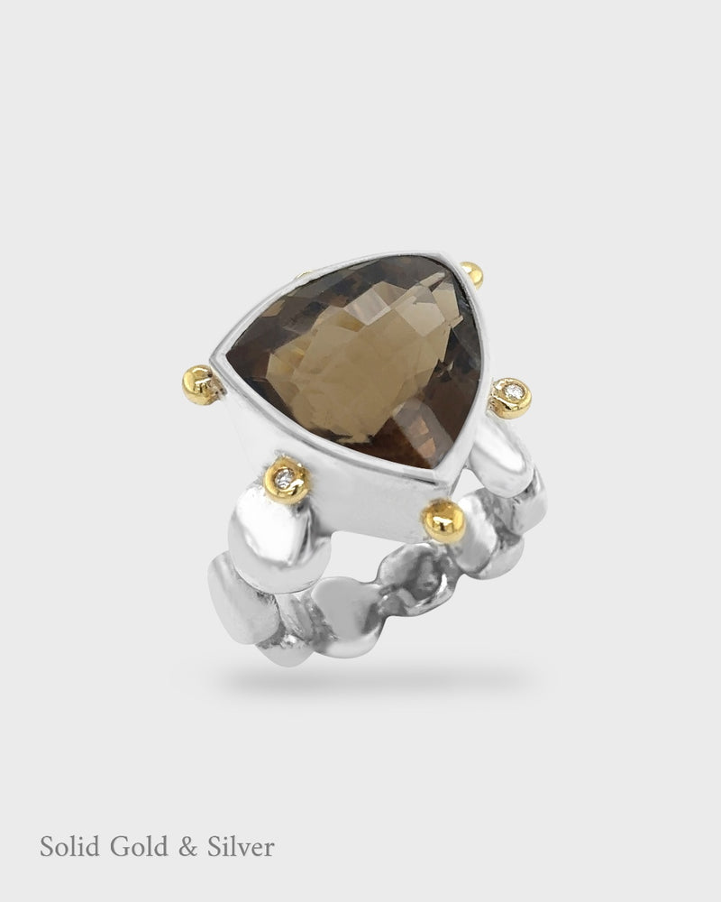 Lucy III Cocktail Ring - Smoky Quartz - 18ct Solid Gold, Silver & Diamonds