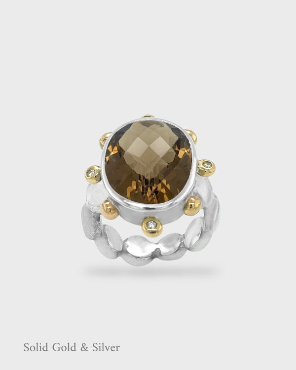 Lucy IV Cocktail Ring - Cognac Quartz - 18ct Solid Gold, Silver & Diamonds