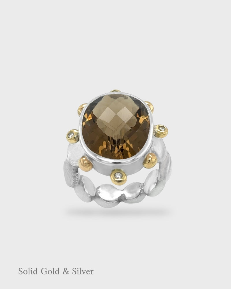 Lucy IV Cocktail Ring - Cognac Quartz - 18ct Solid Gold, Silver & Diamonds