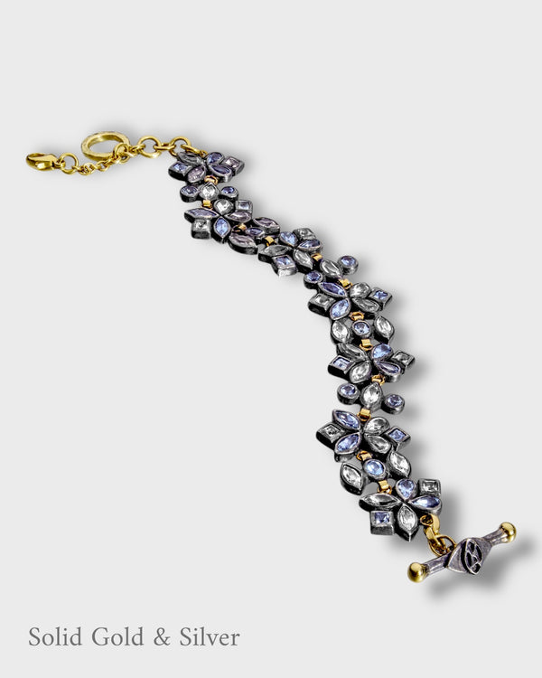 Malena Asymmetrical Gem Bracelet- 18ct Solid Gold & Black Silver - Aquamarines & Topaz