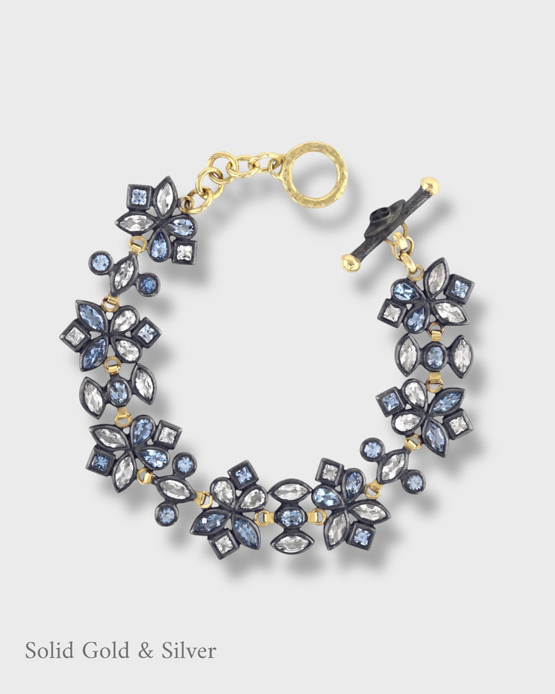 Malena Asymmetrical Gem Bracelet- 18ct Solid Gold & Black Silver - Aquamarines & Topaz
