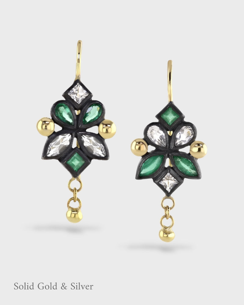 Malena Asymmetrical Gem Earrings - 18ct Solid Gold & Black Silver - Emeralds & White Topaz