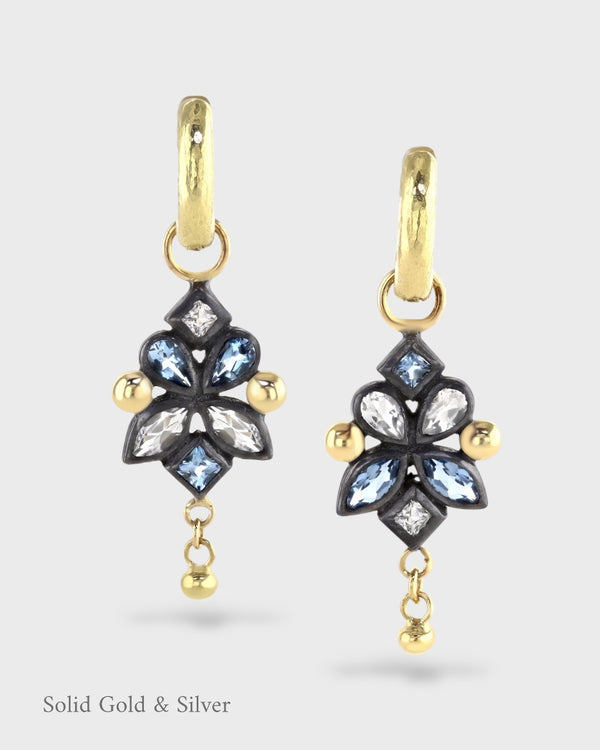 Malena Asymmetrical Gem Earrings - 18ct Solid Gold & Black Silver - Aquamarines & White Topaz