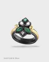 Malena Ring - 18ct Solid Gold & Black Silver - Emeralds & White Topaz