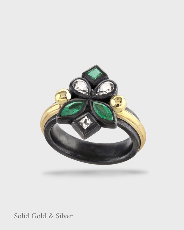 Malena Ring - 18ct Solid Gold & Black Silver - Emeralds & White Topaz