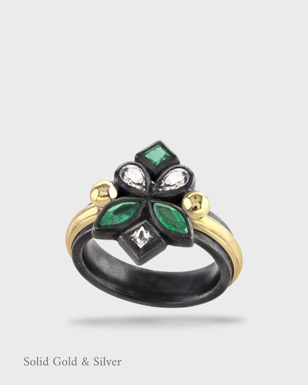 Malena Ring - 18ct Solid Gold & Black Silver - Emeralds & White Topaz
