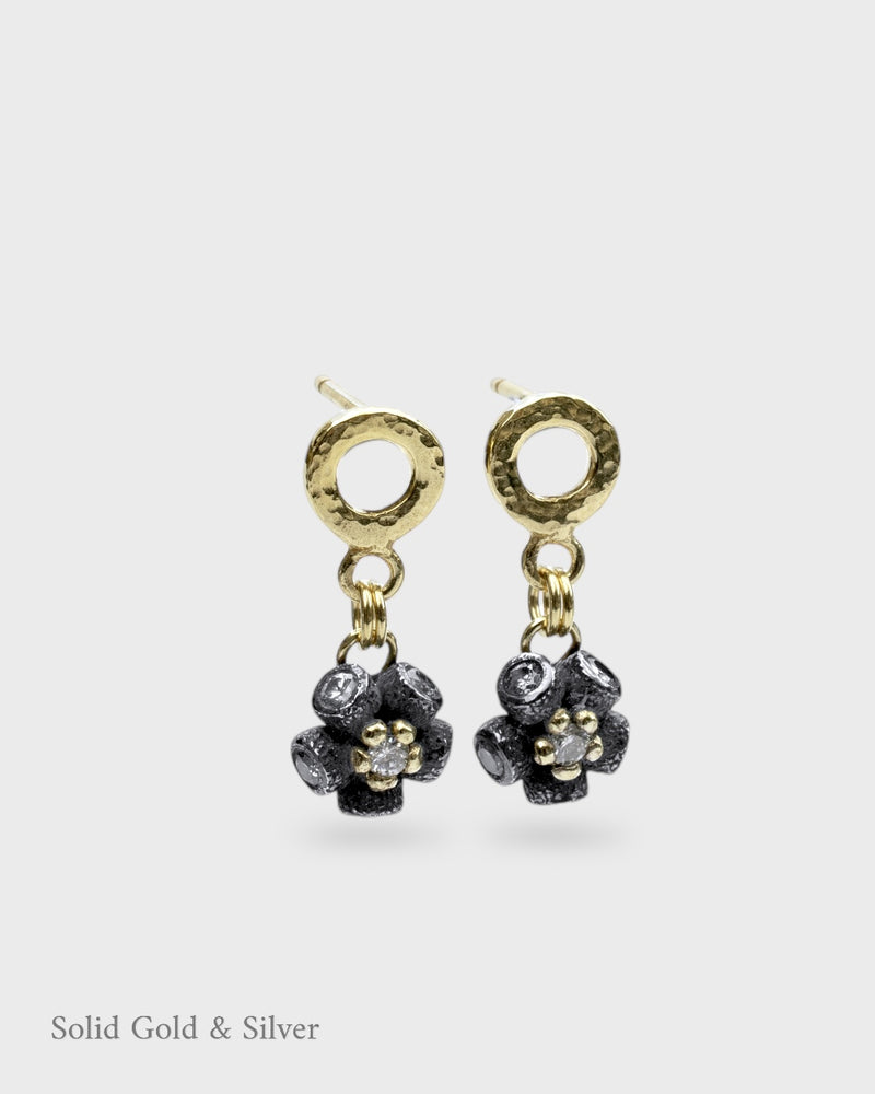 Mini Ophelia Earrings - 18ct Solid Gold, Black Silver & Diamonds