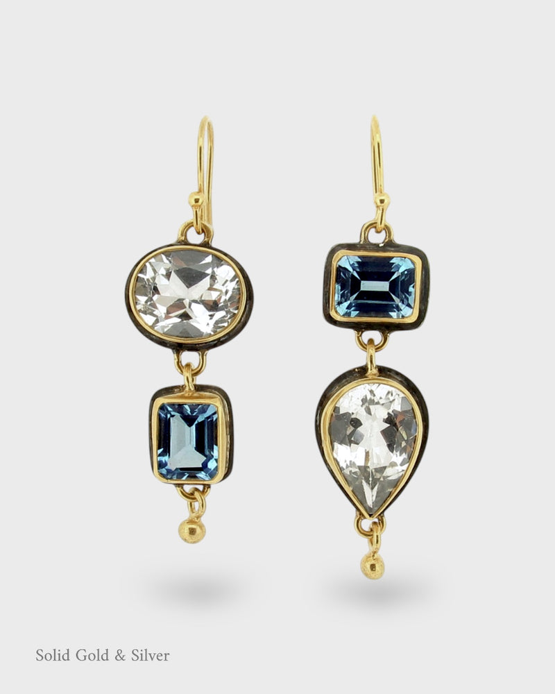 Nola Earrings - 18ct Solid Gold & Black Silver - Blue & White Topaz