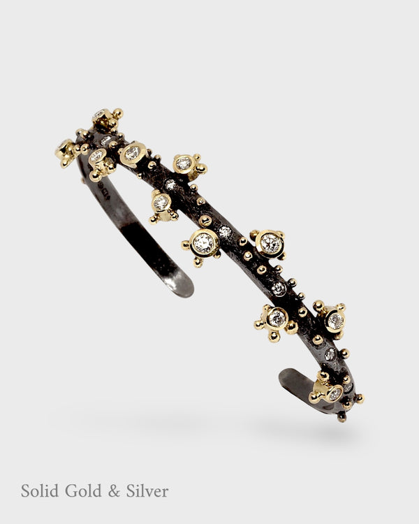 Odessa Bangle/Cuff & Diamonds -18ct Solid Gold & Black Silver - Simonetta's Jewels Reimagined