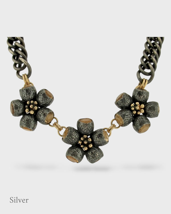 Ophelia Gumnut Flower Necklace - Citrines - Black & Gold