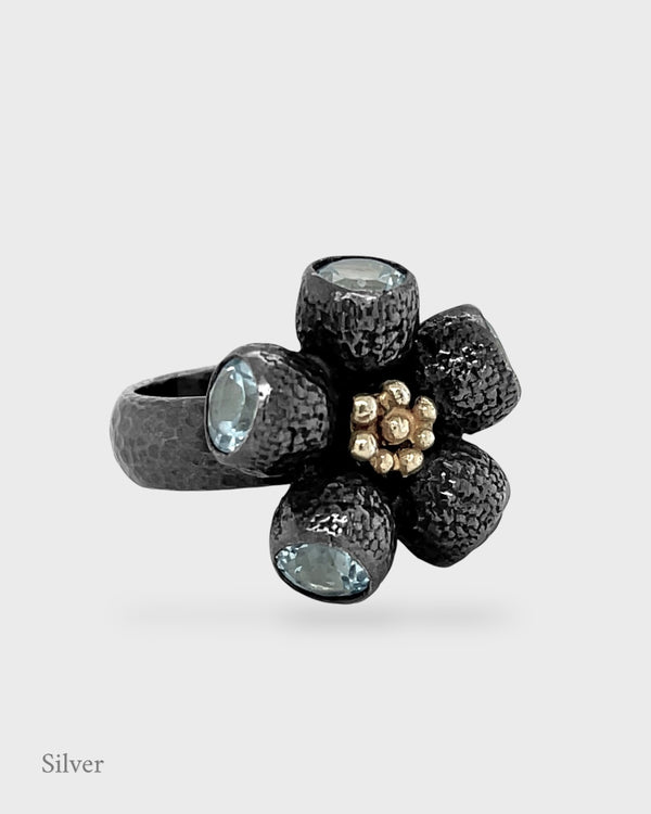 Ophelia Gumnut Flower Ring - Blue Topaz- Black & Gold Vermeil