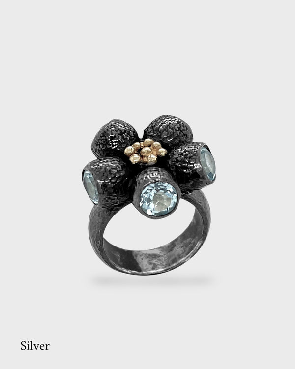 Ophelia Gumnut Flower Ring - Blue Topaz- Black & Gold Vermeil