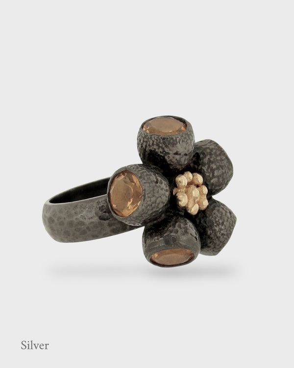 Ophelia Gumnut Flower Ring - Citrines - Black & Gold