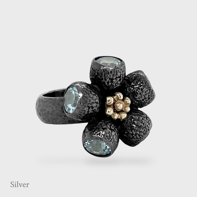 Ophelia Gumnut Flower Ring - Blue Topazes - Black & Gold