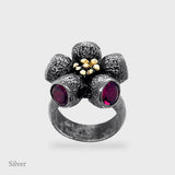 Ophelia Gumnut Flower Ring - Rhodolite Garnet - Black & Gold Vermeil