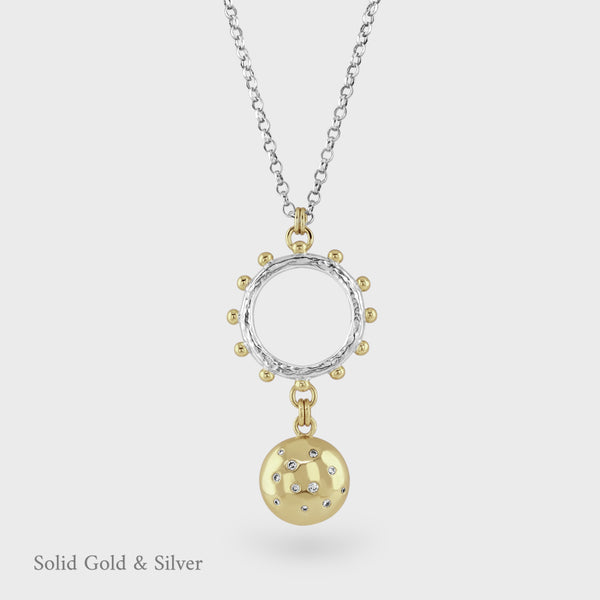 Selene Diamond & Mystical Wheel - Long Pendant - 18ct Solid Gold & Silver