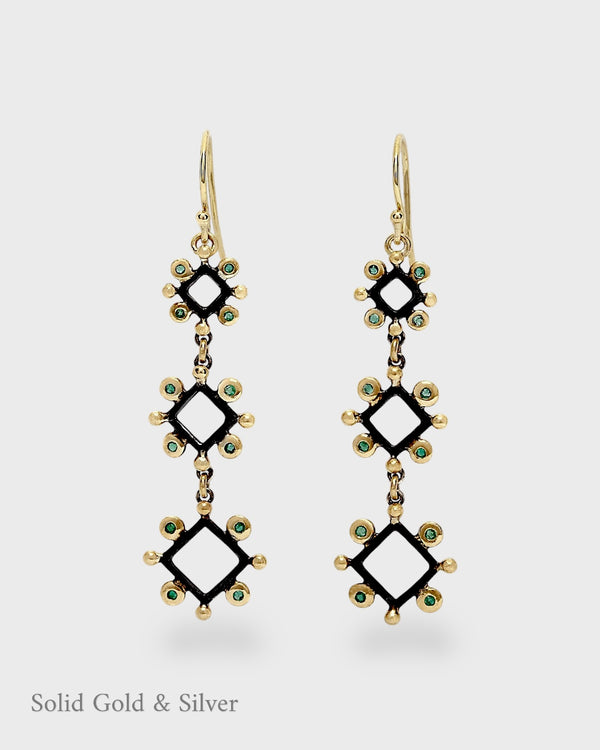 Simonetta Earrings -18ct Solid Gold, Black Silver & Emeralds - Simonetta's Jewels Reimagined