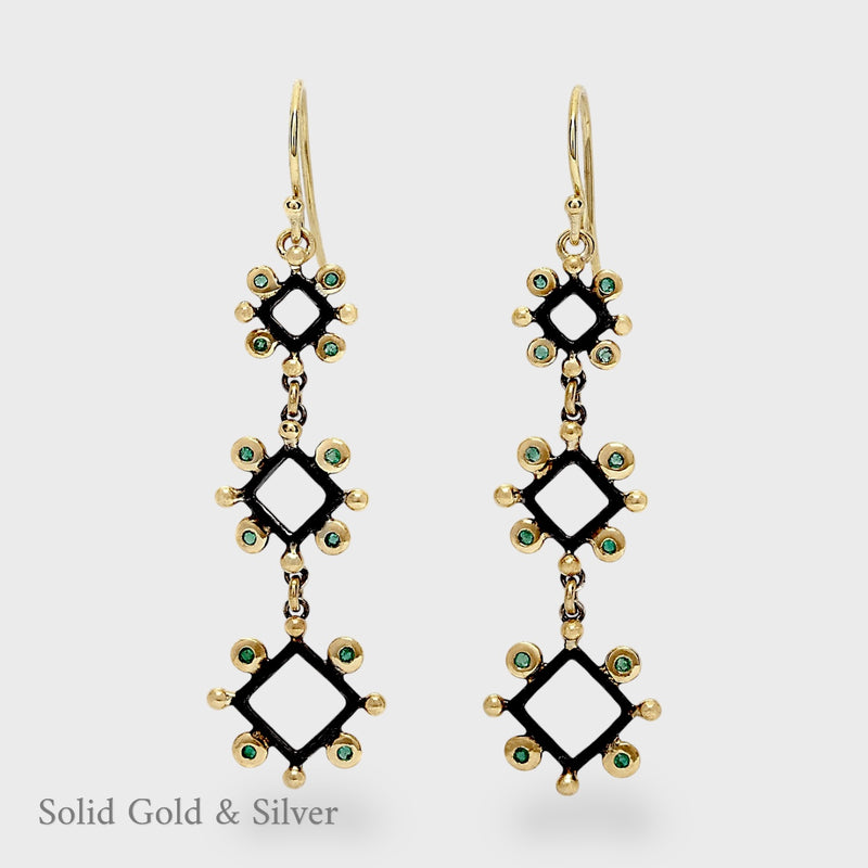 Simonetta Earrings -18ct Solid Gold, Black Silver & Emeralds - Simonetta's Jewels Reimagined