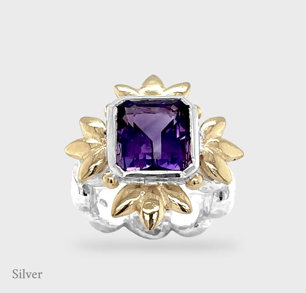 Sun Of Lotus - Cocktail Ring - Amethyst - Silver & Gold