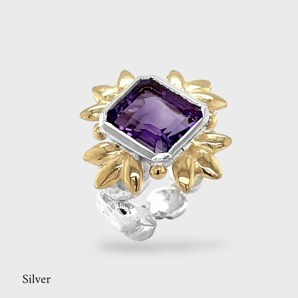 Sun Of Lotus - Cocktail Ring - Amethyst - Silver & Gold