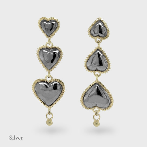 Temple Triple Heart Earring Drops - Black & Gold