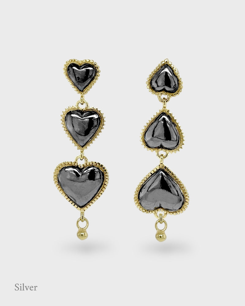 Temple Triple Heart Earring Drops - Silver & Gold Vermeil