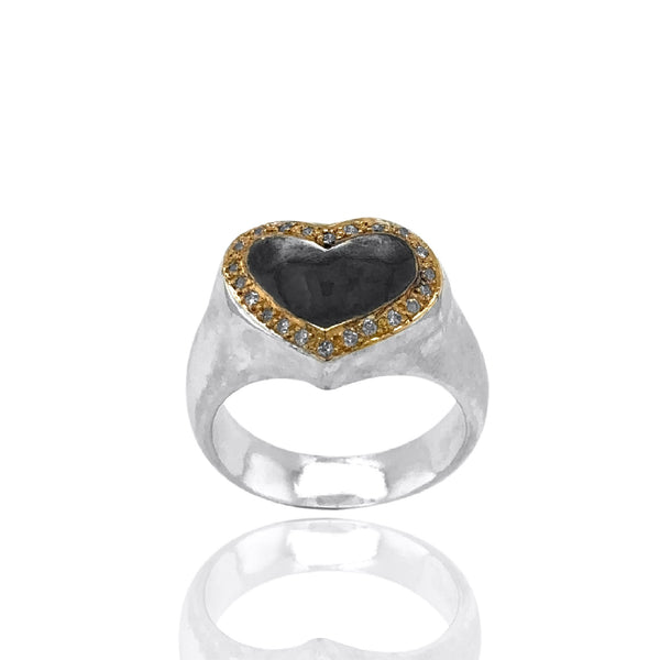 Harmony Sculptural Heart Signet Ring - Pavé Diamond - Black & Gold