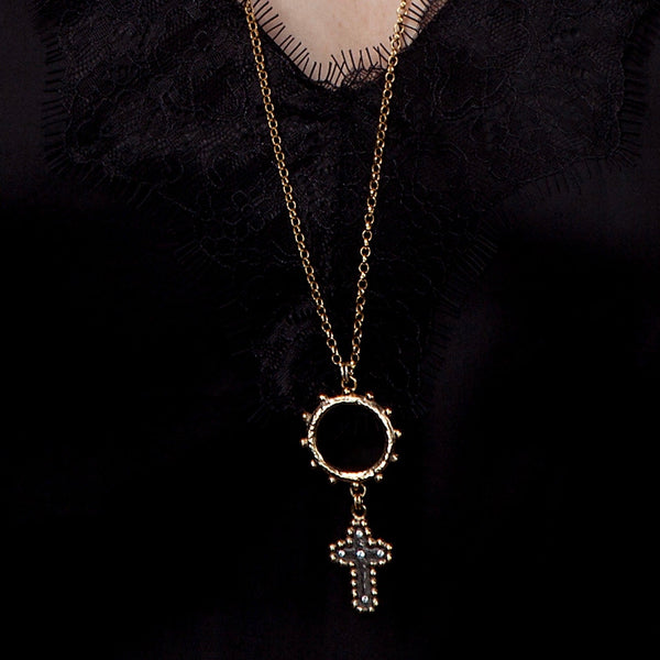 Byzantine Long Pendant - Black Silver & Diamonds