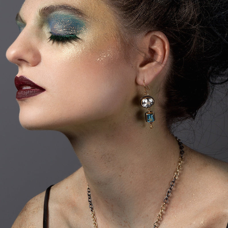 Nola Earrings - 18ct Solid Gold & Black Silver - Blue & White Topaz