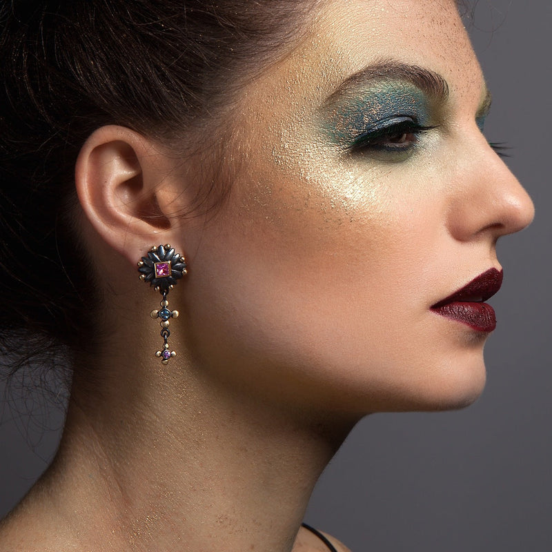 Eleanor Asymmetrical Earrings - Pink Sapphires & Aquamarines