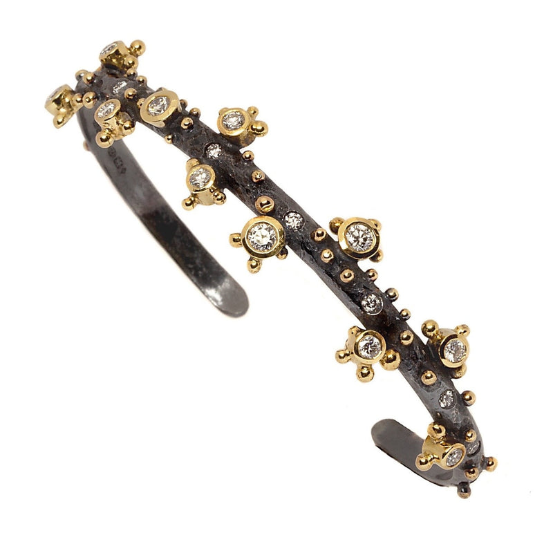 Odessa Bangle/Cuff & Diamonds -18ct Solid Gold & Black Silver - Simonetta's Jewels Reimagined