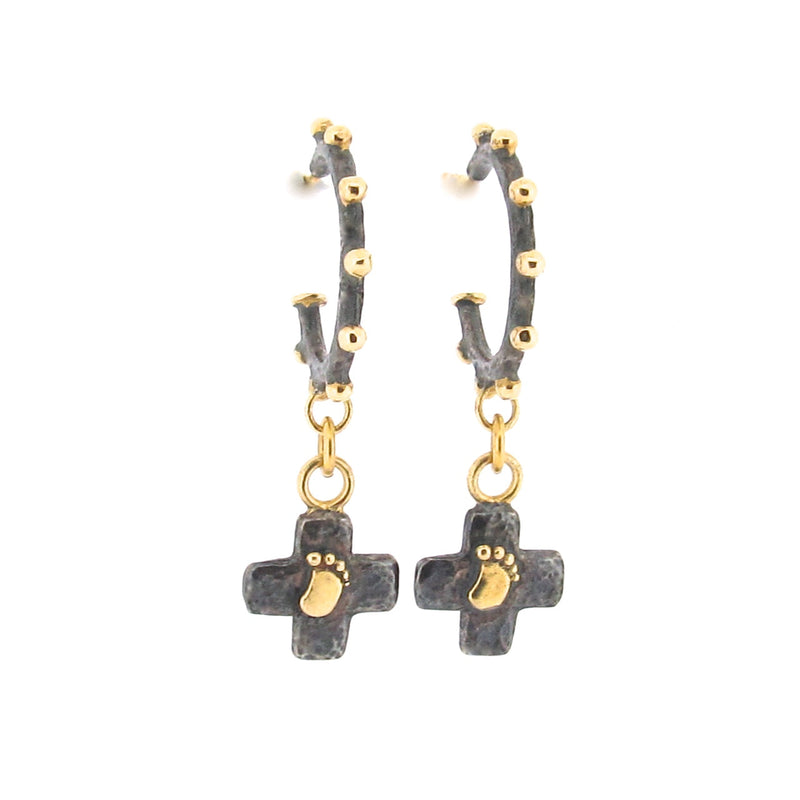 Beamus Baby Foot Cross Earrings - Cleo Hoops - Black & Gold